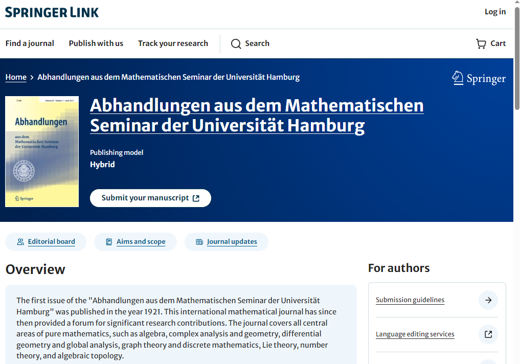 Abhandlungen aus dem Mathematischen Seminar der Universitat Hamburg