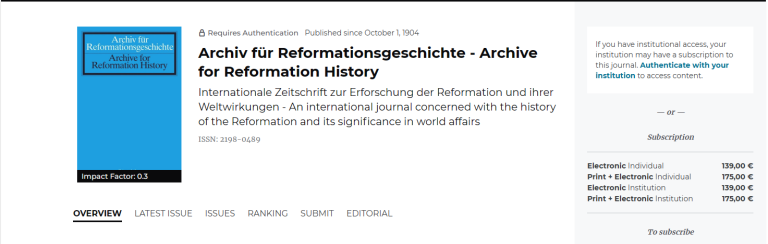 Archiv fur Reformationsgeschichte-Archive for Reformation History