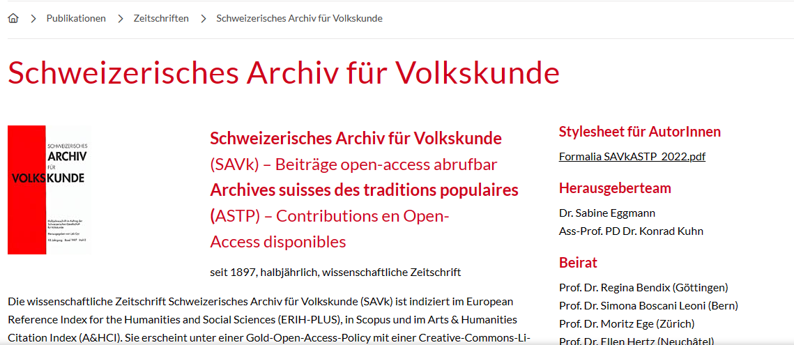 Schweizerisches Archiv fur Volkskunde