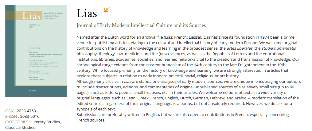 Lias-Journal of Early Modern Intellectual Culture and its Sources